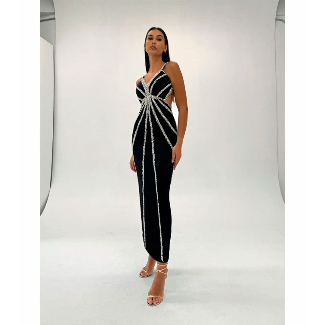 Semsem Navy Cut Out Crystal Dress