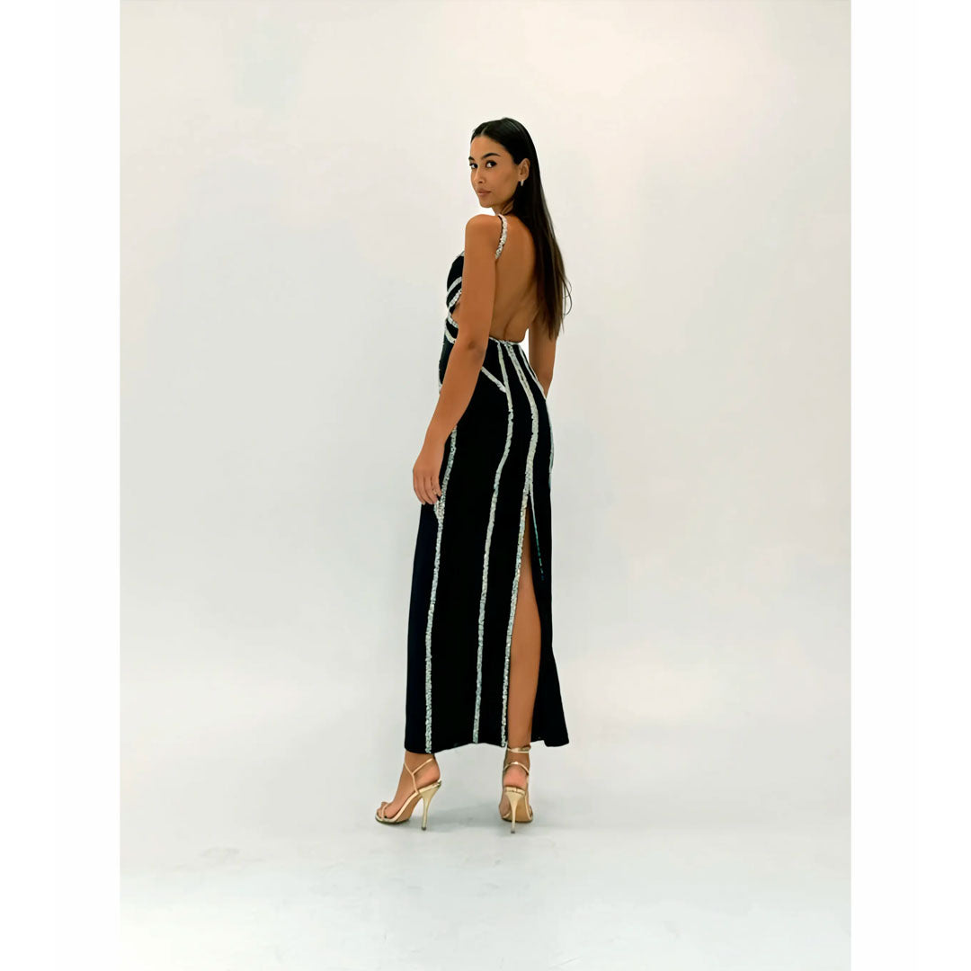 Semsem Navy Cut Out Crystal Dress