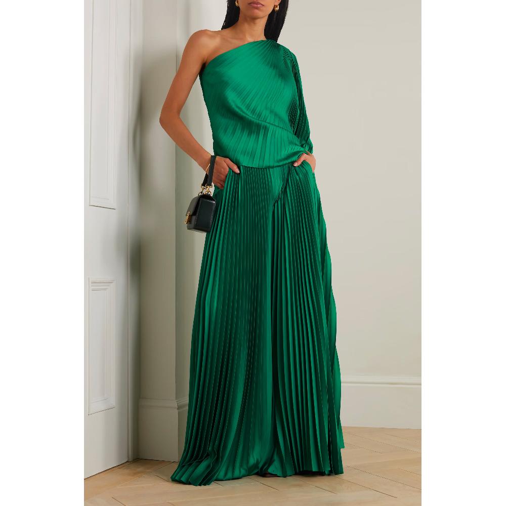 Semsem One-shoulder Asymmetric Plissé-satin Top