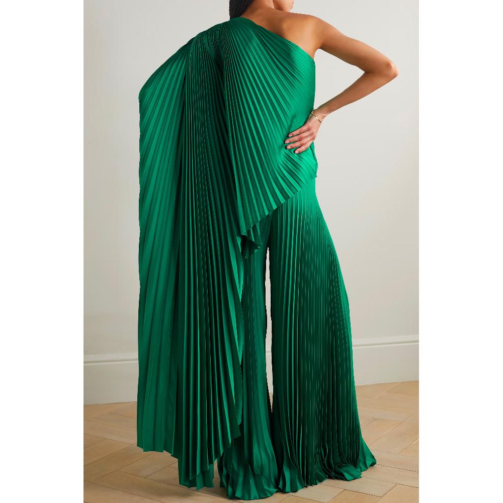 Semsem One-shoulder Asymmetric Plissé-satin Top