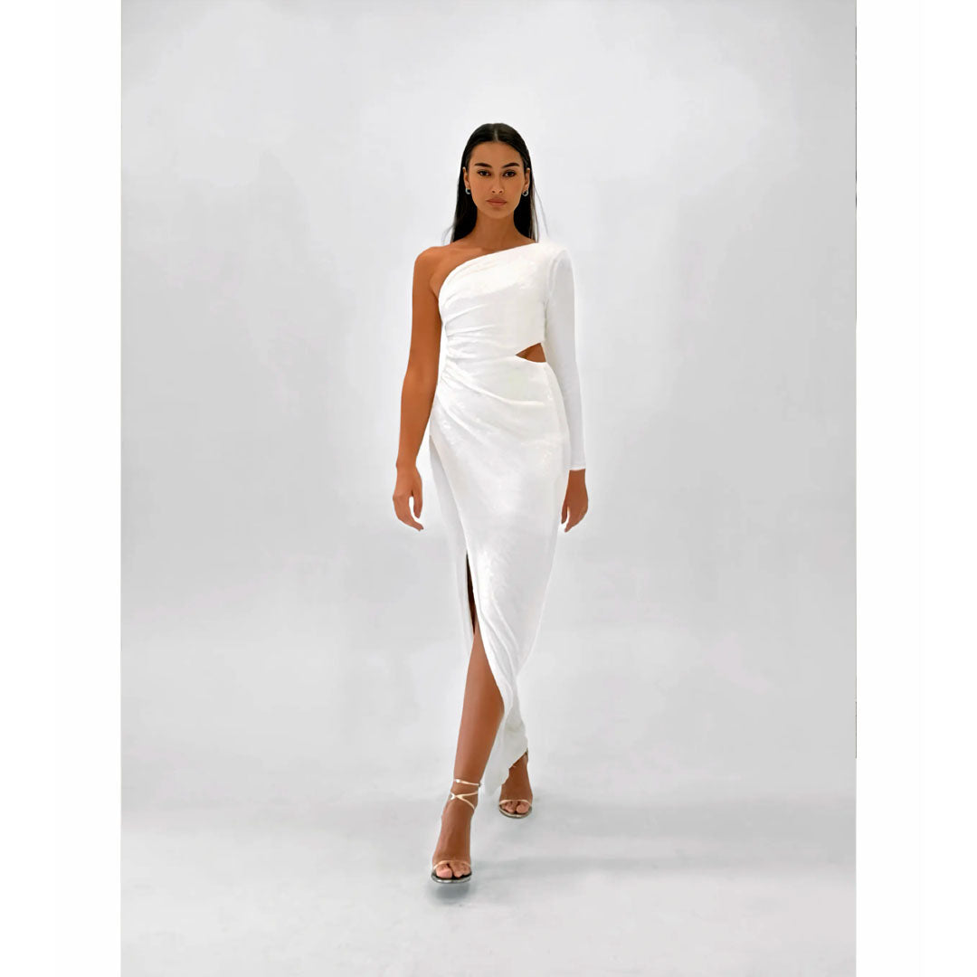 Semsem One-Shoulder Cutout Sequined Knitted Gown
