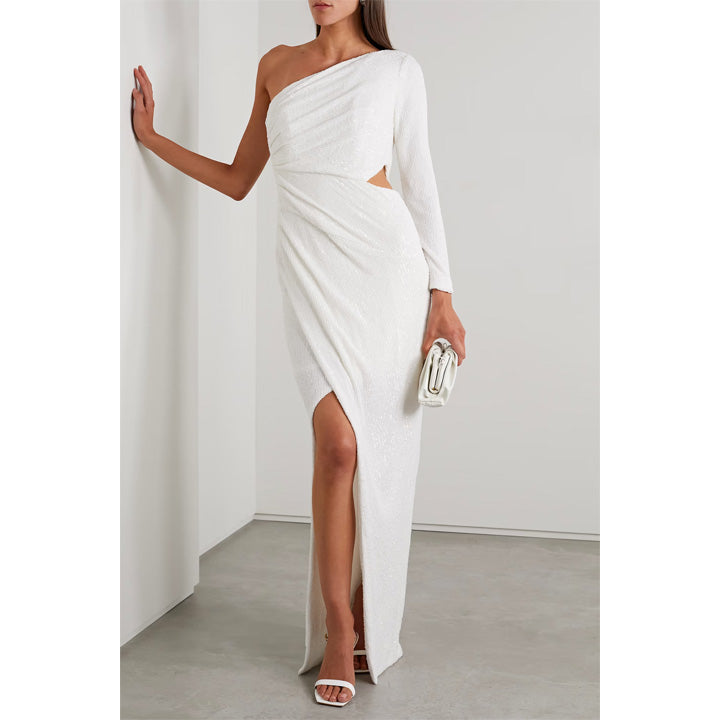 Semsem One-Shoulder Cutout Sequined Knitted Gown