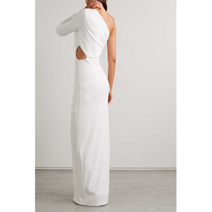 Semsem One-Shoulder Cutout Sequined Knitted Gown