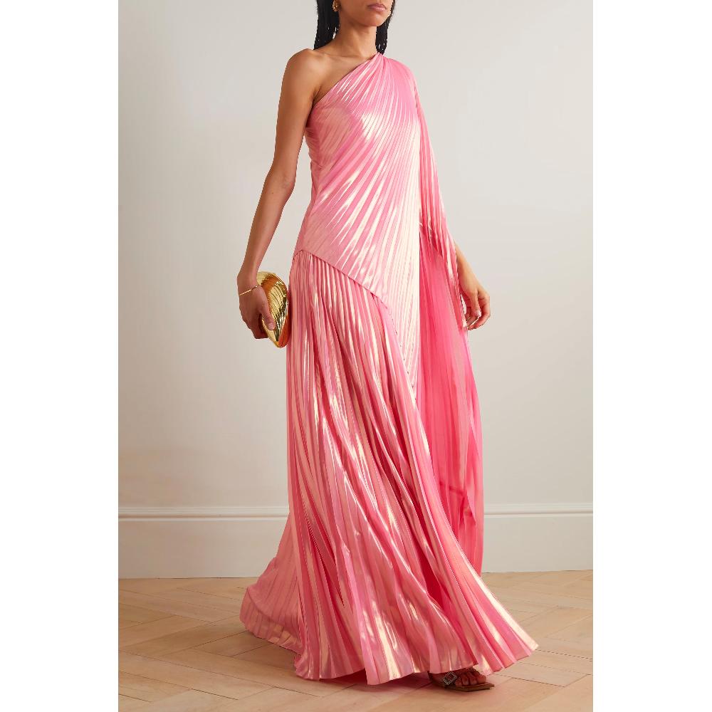 Semsem One-Shoulder Draped Plissé-Lamé Maxi Dress