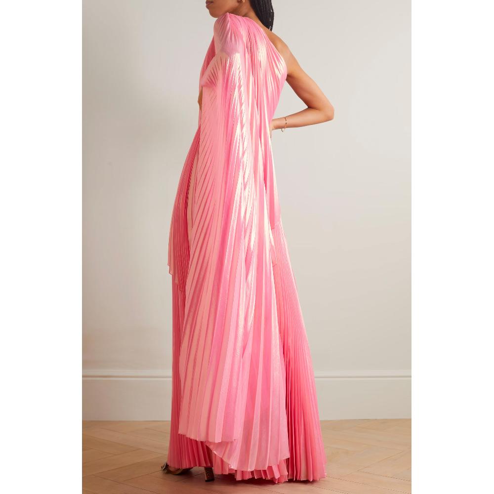 Semsem One-Shoulder Draped Plissé-Lamé Maxi Dress