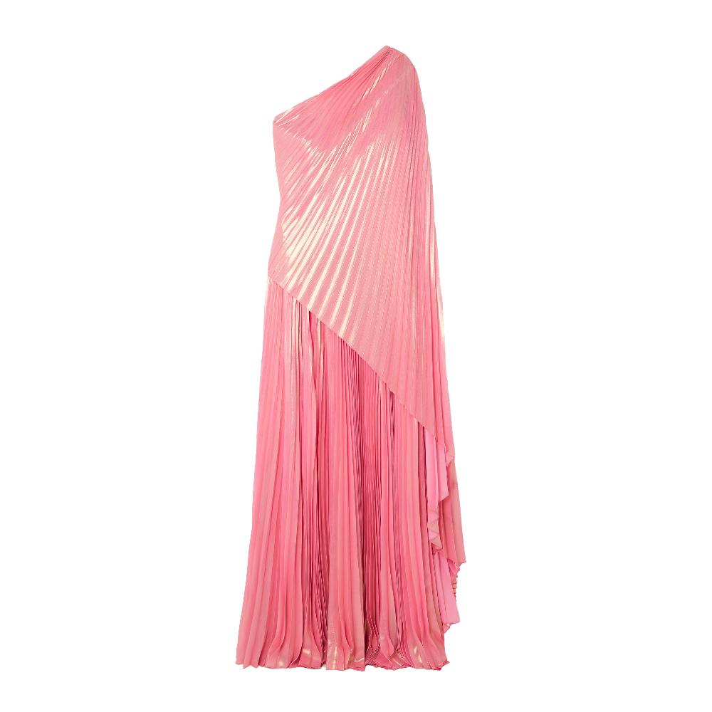 semsem One-Shoulder Draped Plissé-Lamé Maxi Dress