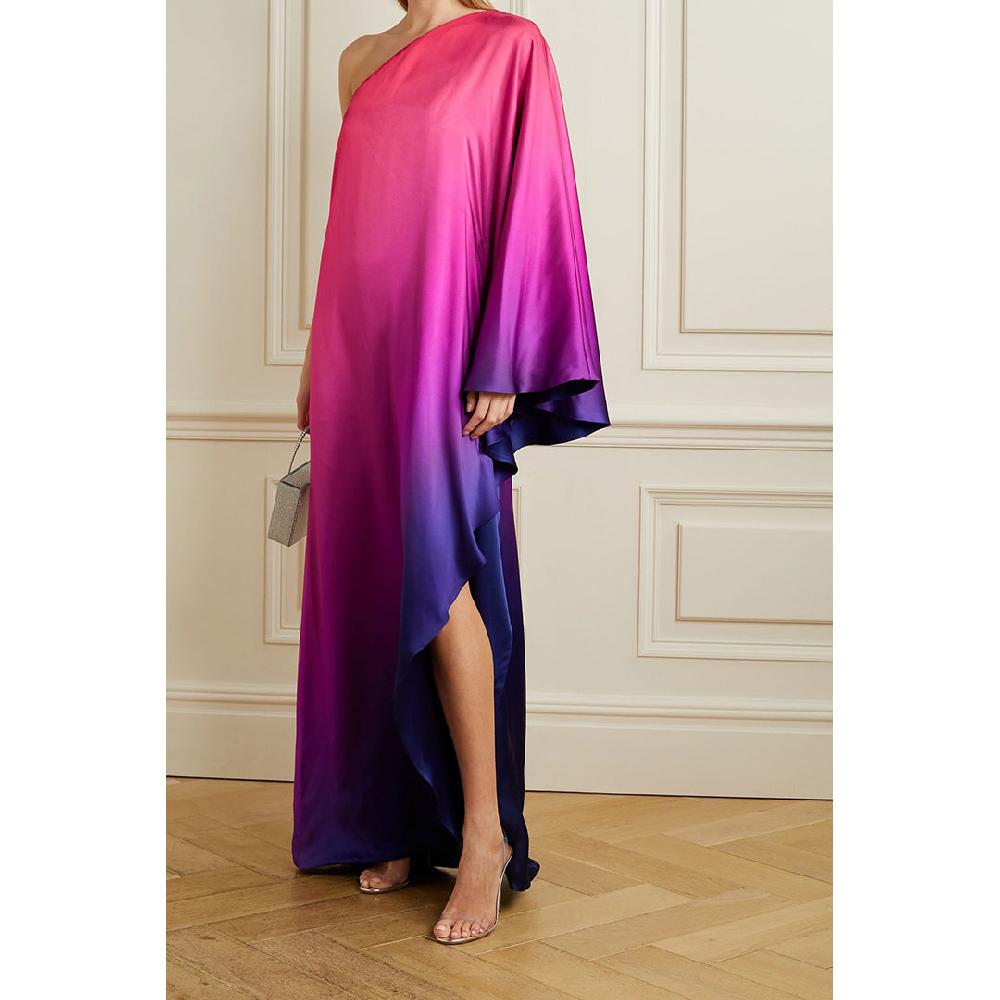 Semsem One-Shoulder Ombré Silk-Charmeuse Kaftan