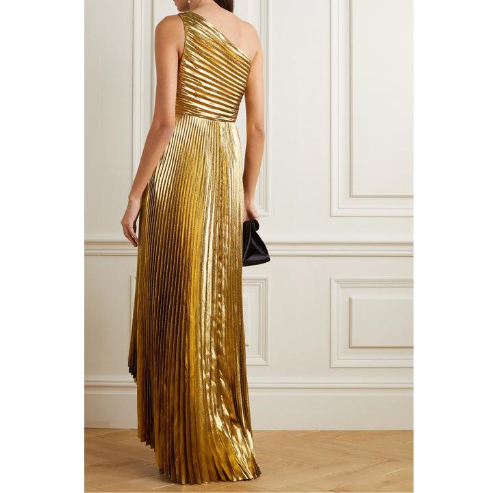 Semsem One Shoulder Pleated Gold Lamé Gown