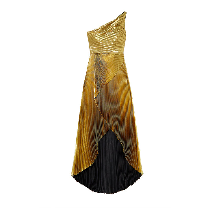 semsem One Shoulder Pleated Gold Lamé Gown