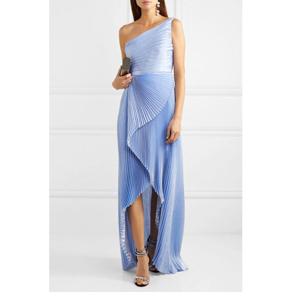 Semsem One-Shoulder Silk Metallic Plissé Gown
