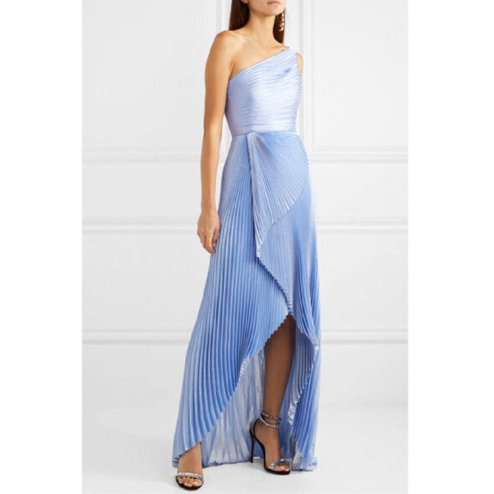 Semsem One-Shoulder Silk Metallic Plissé Gown