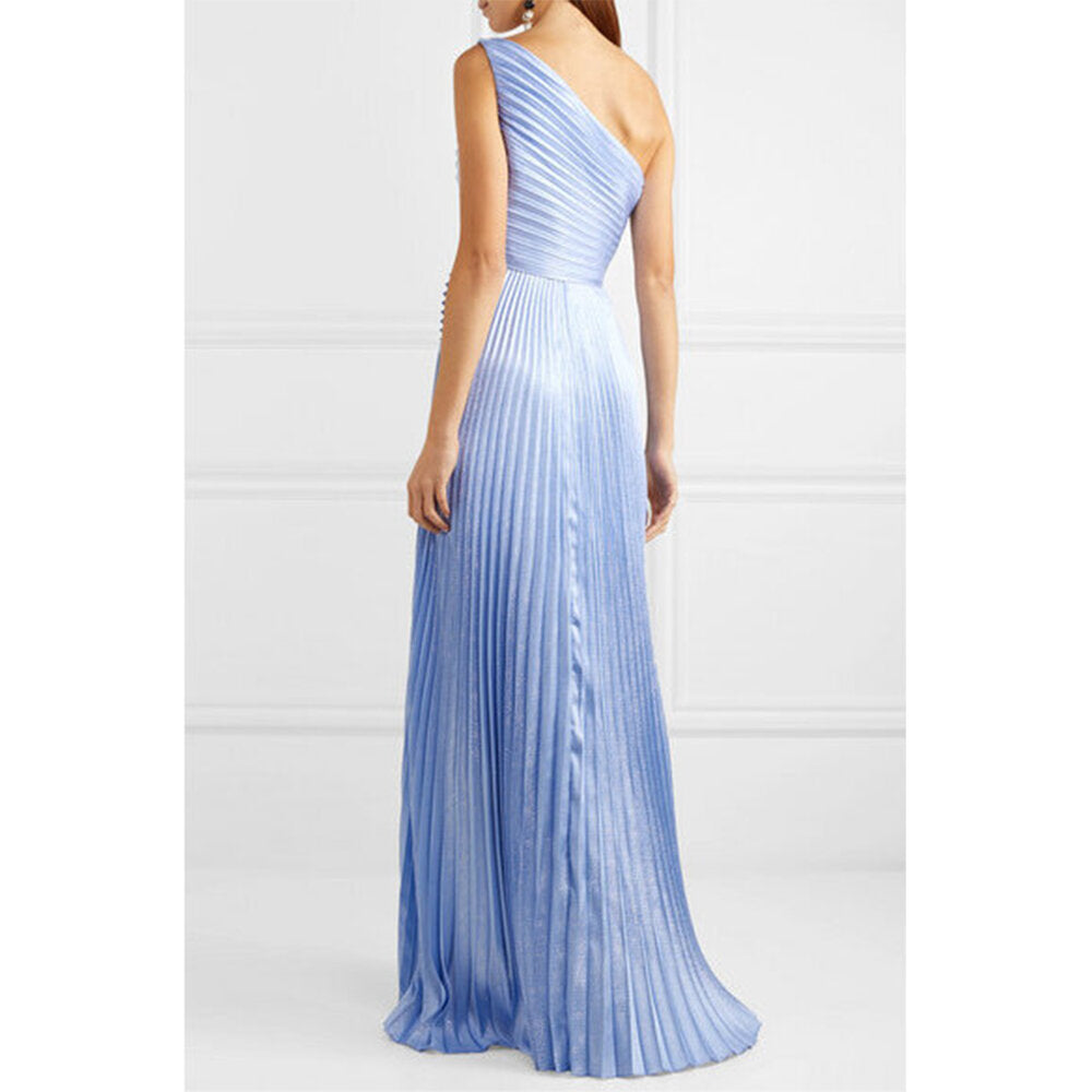 Semsem One-Shoulder Silk Metallic Plissé Gown