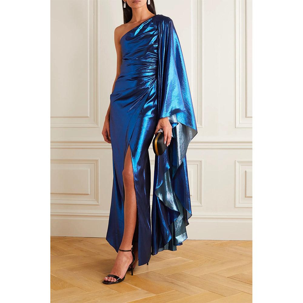 Semsem One-Sleeve Draped Silk-Blend Lamé Gown