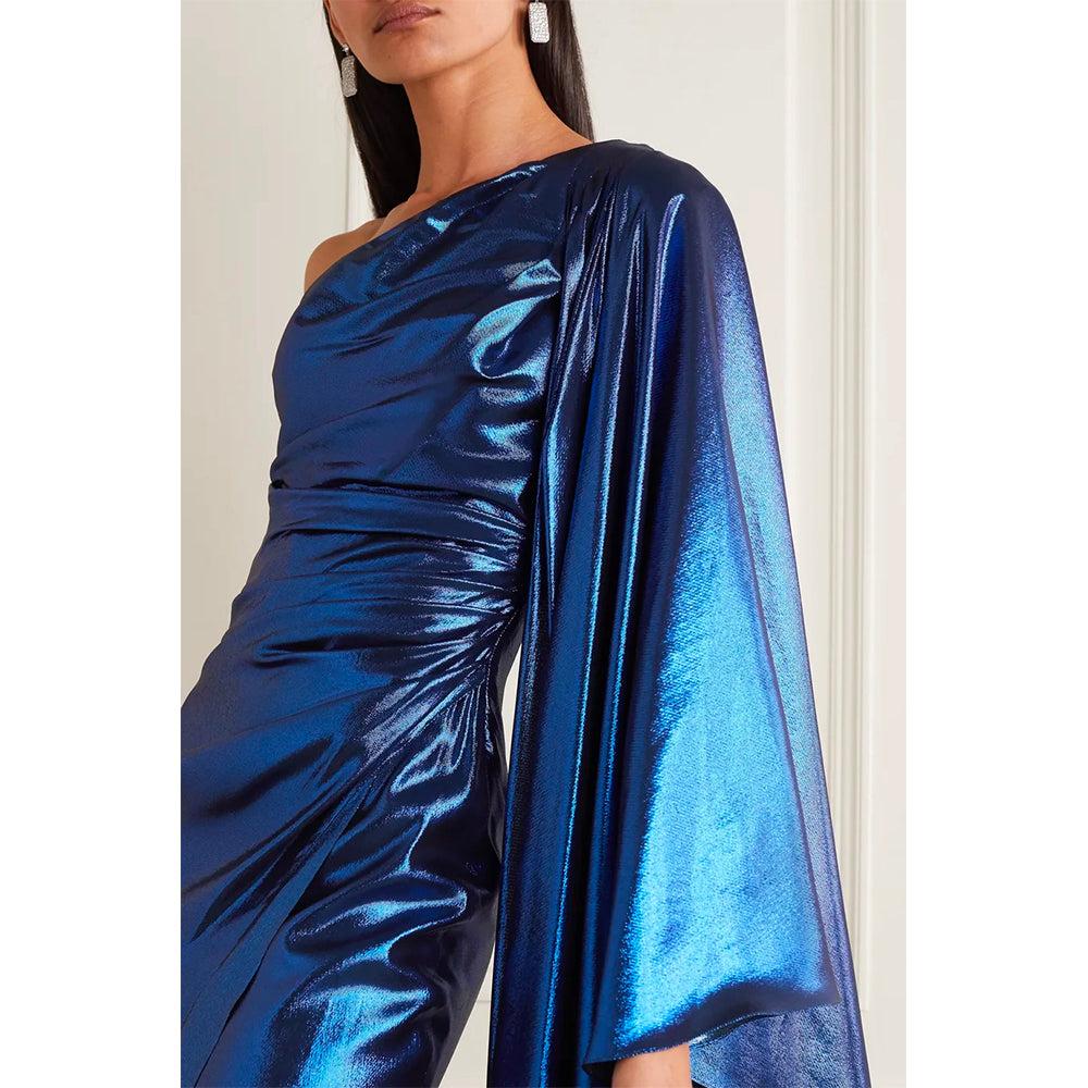 Semsem One-Sleeve Draped Silk-Blend Lamé Gown