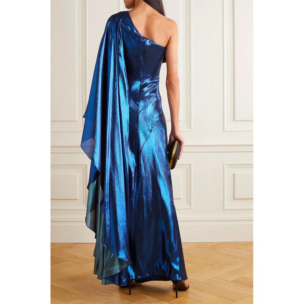 Semsem One-Sleeve Draped Silk-Blend Lamé Gown