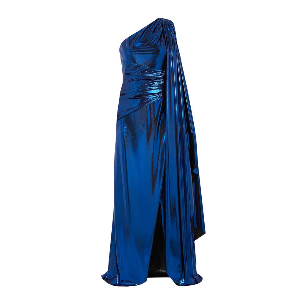 semsem One-Sleeve Draped Silk-Blend Lamé Gown