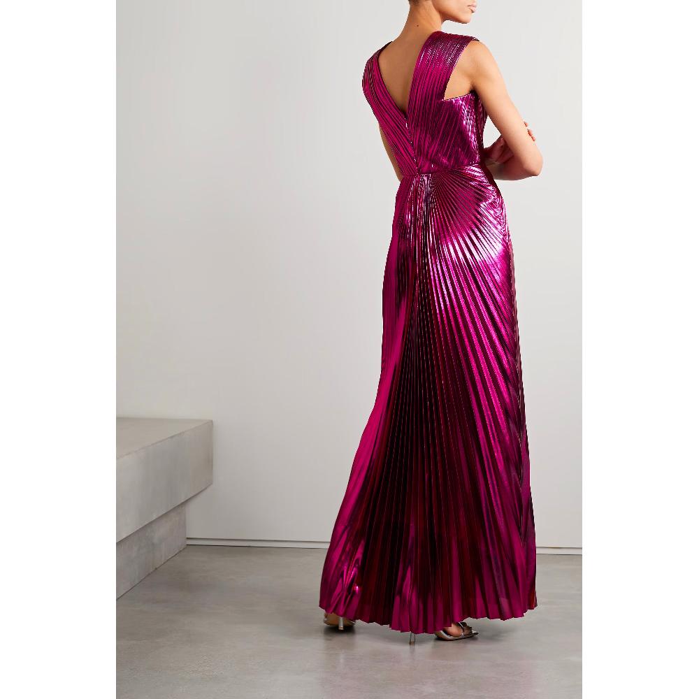 Semsem Pink Pleated Metallic Lamé Gown