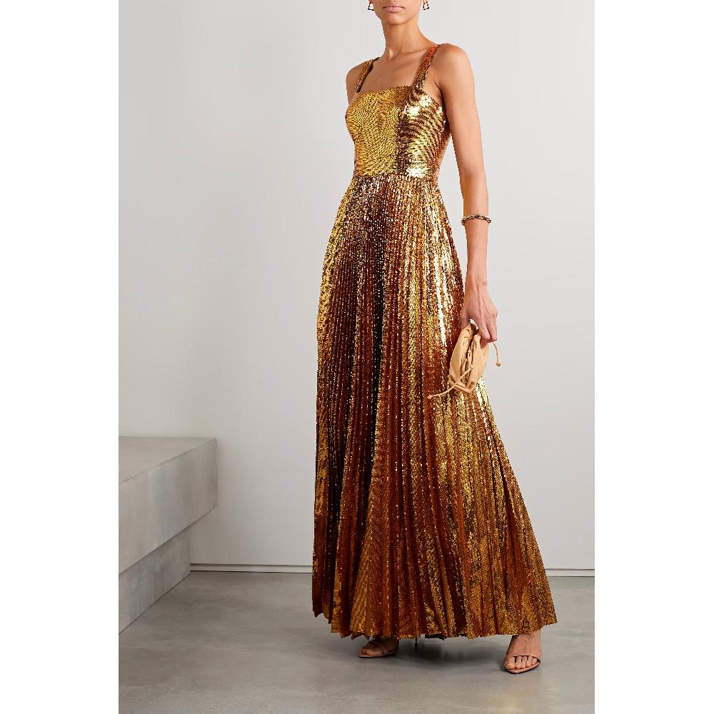 Semsem Pleated Gold Sequin Tulle Gown