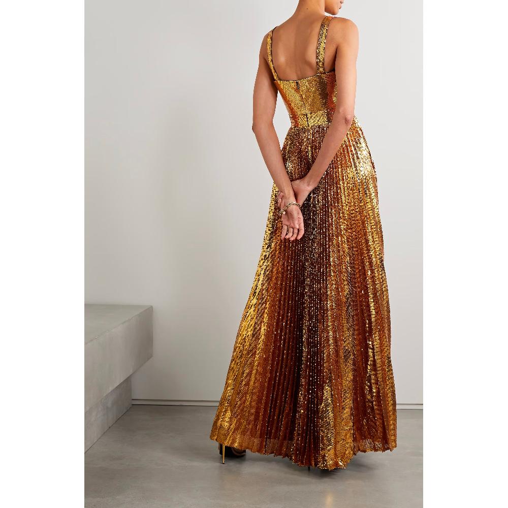 Semsem Pleated Gold Sequin Tulle Gown
