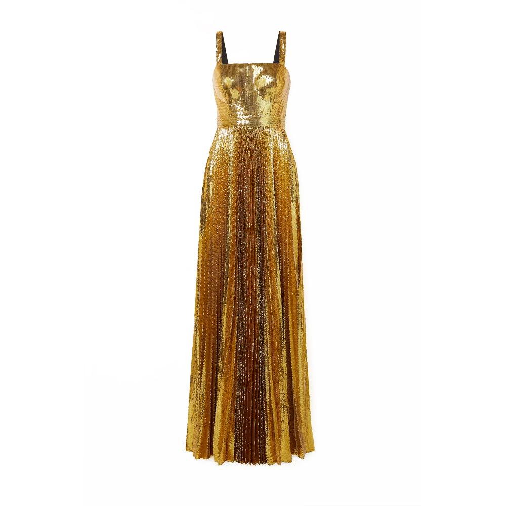 semsem Pleated Gold Sequin Tulle Gown