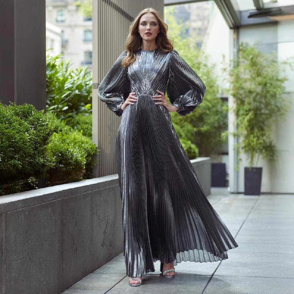 Semsem Pleated Metallic Maxi Dress
