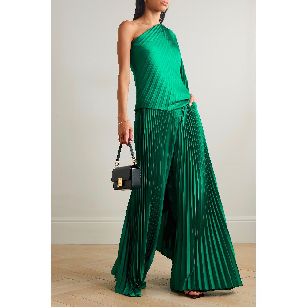 Semsem Plissé-satin Wide-leg Pants