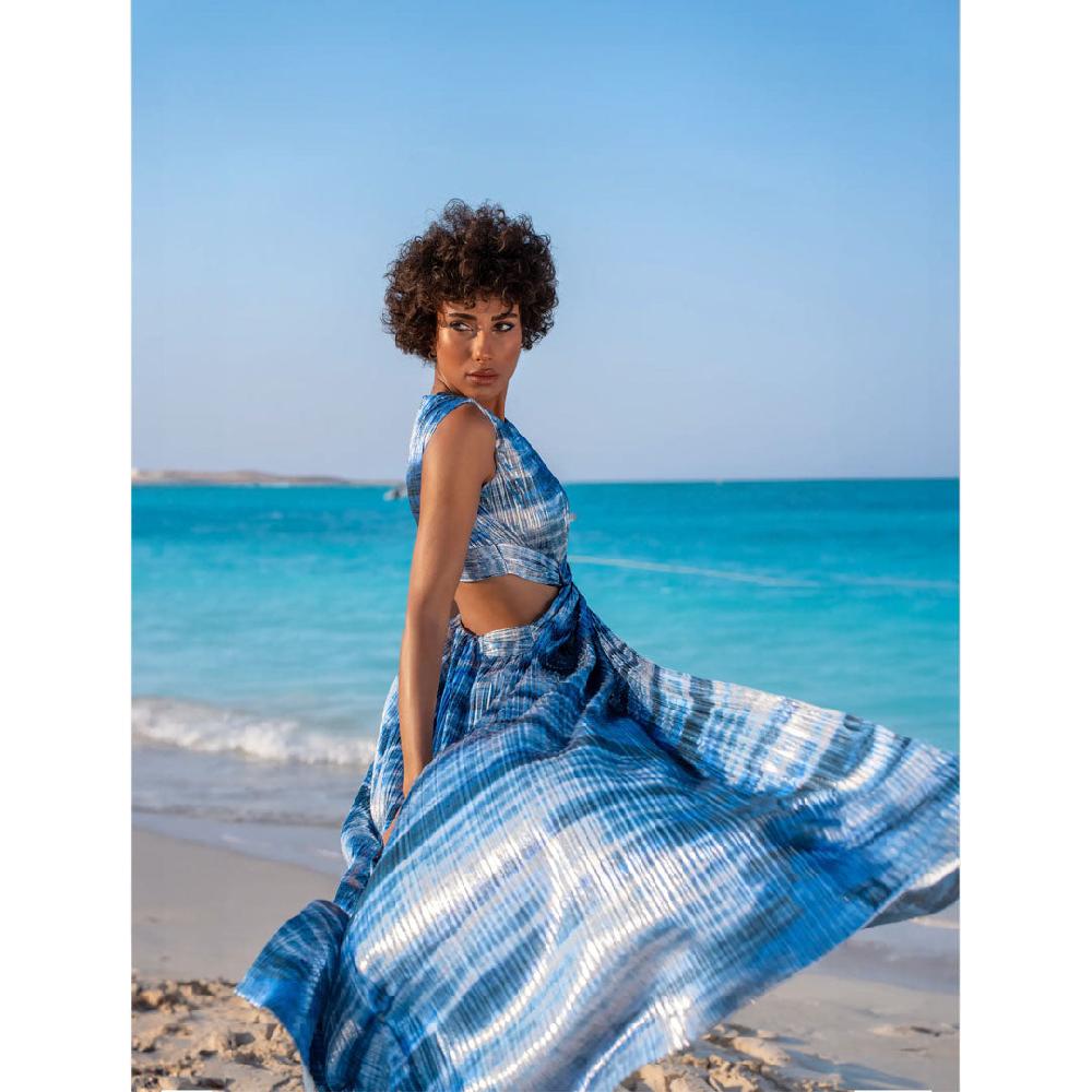 semsem Printed Metallic Lamé Plissé Dress