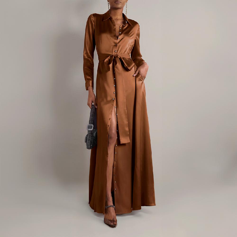 Semsem Silk Shirt Dress With Side Slits - Camel