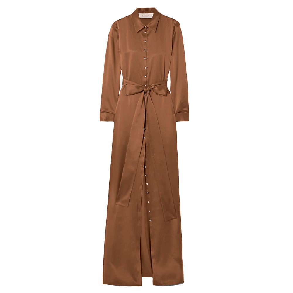 semsem Silk Shirt Dress with Side Slits - Camel