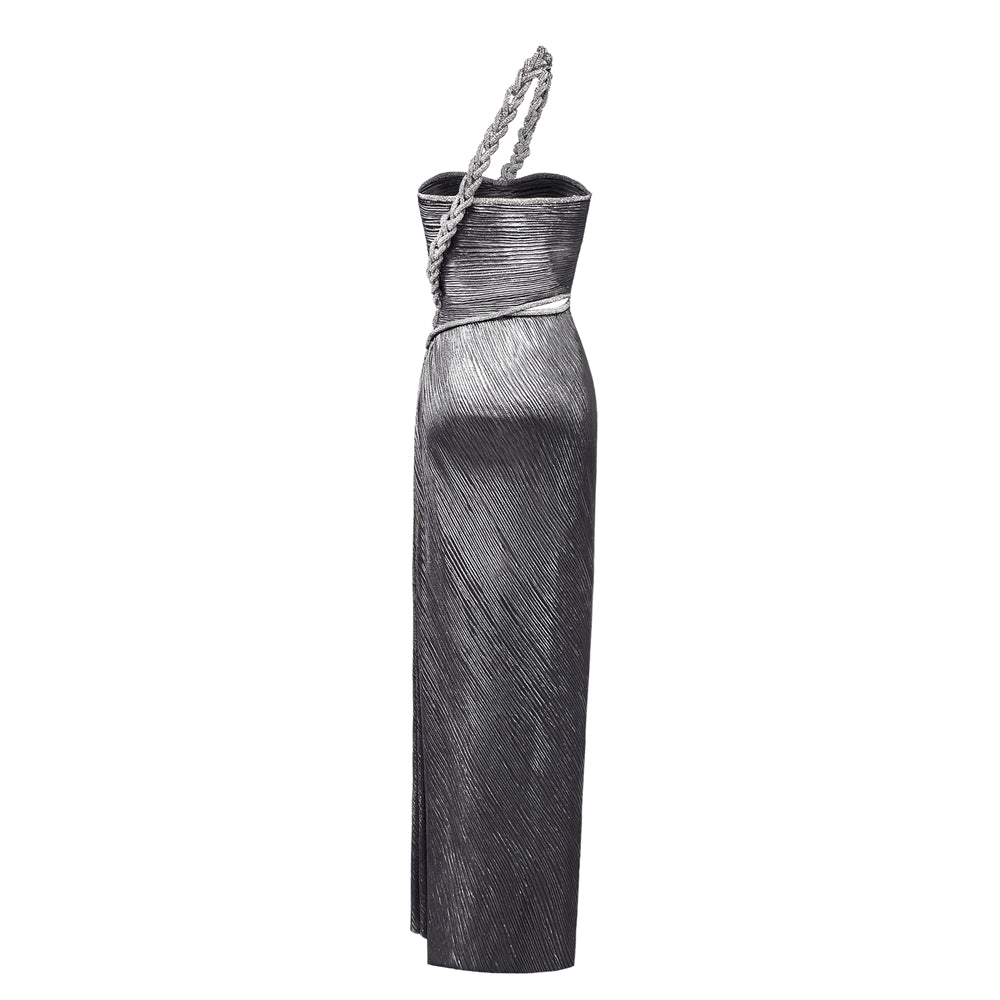 Semsem Silver Plissé Dress With Crystal Rope