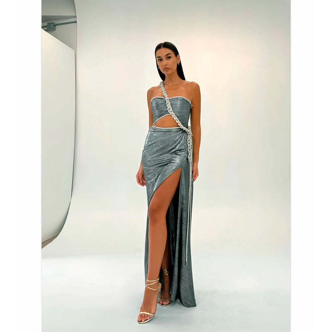 Semsem Silver Plissé Dress With Crystal Rope