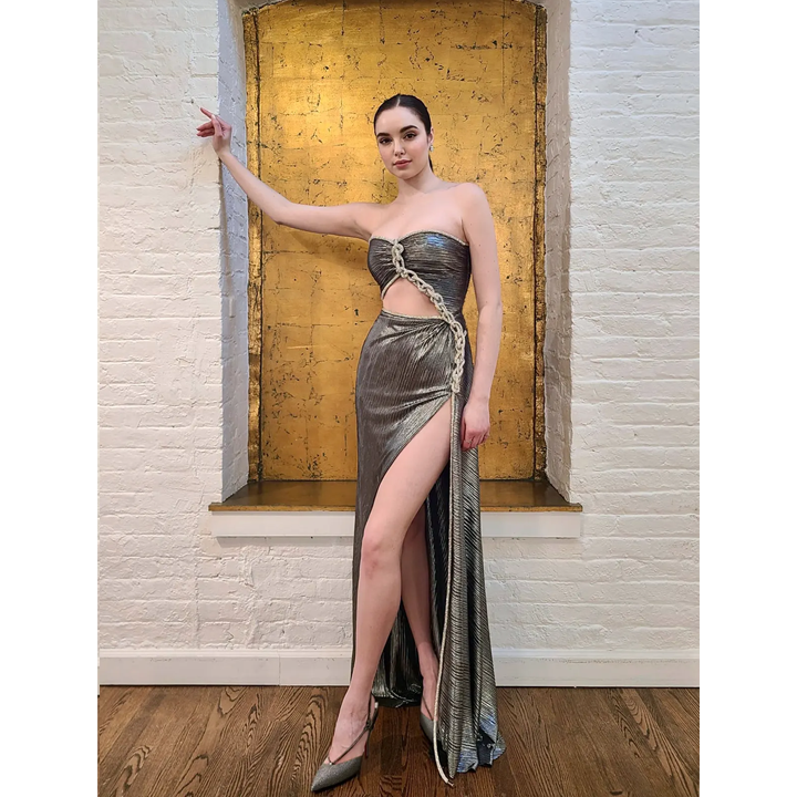 Semsem Silver Plissé Dress With Crystal Rope