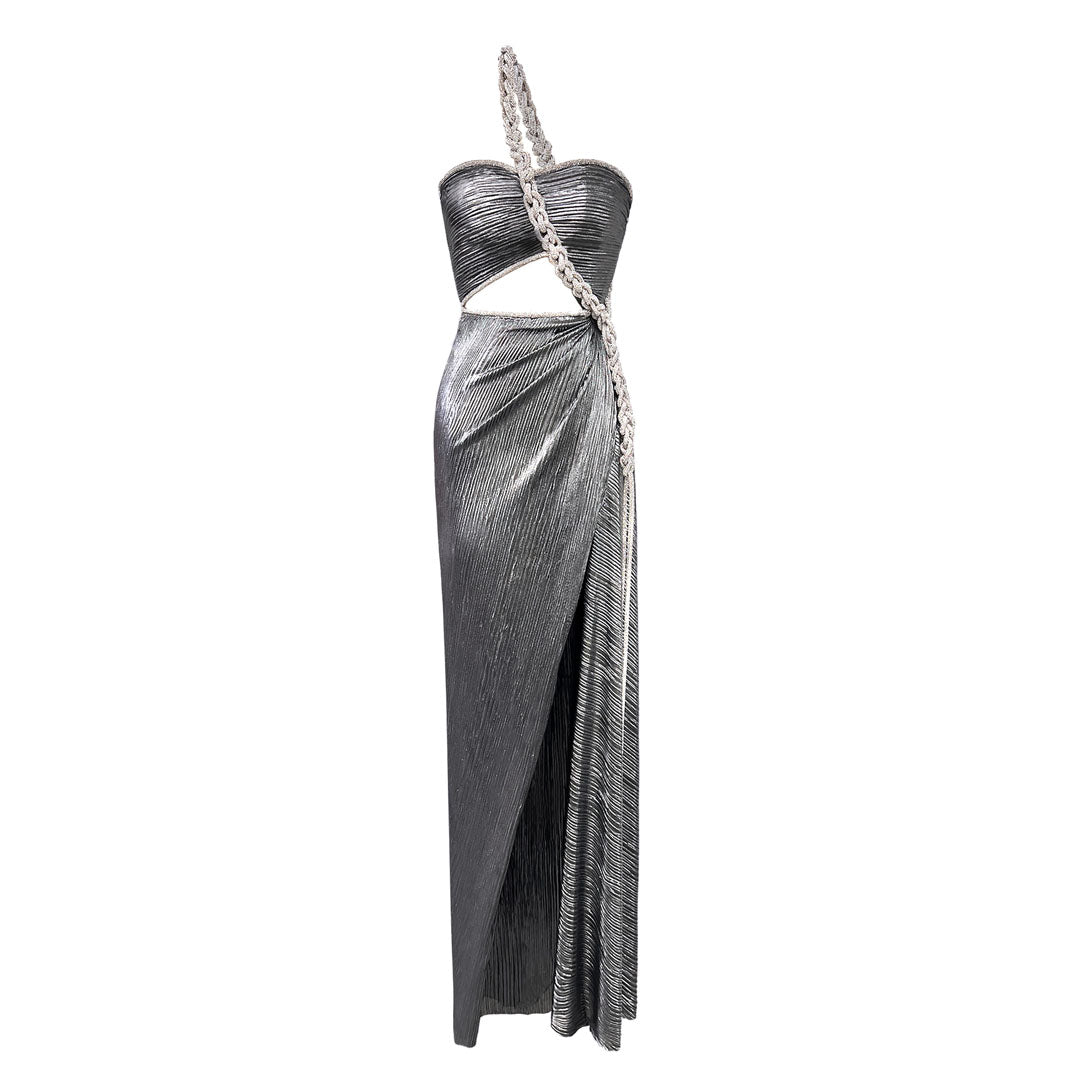 semsem Silver Plissé Dress with Crystal Rope