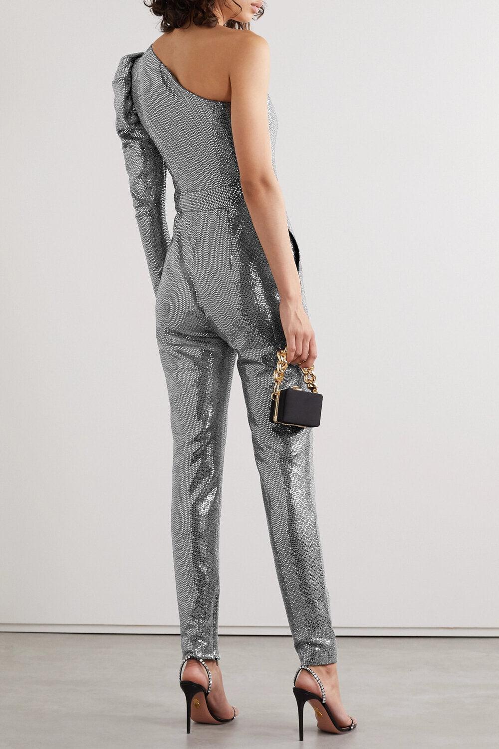 Semsem Silver Stretch Sequin Jumpsuit