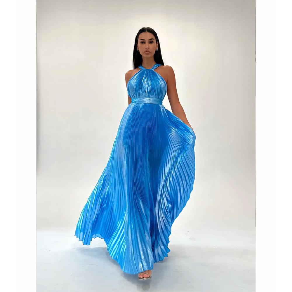 Semsem Sky Blue Metallic Halter Gown