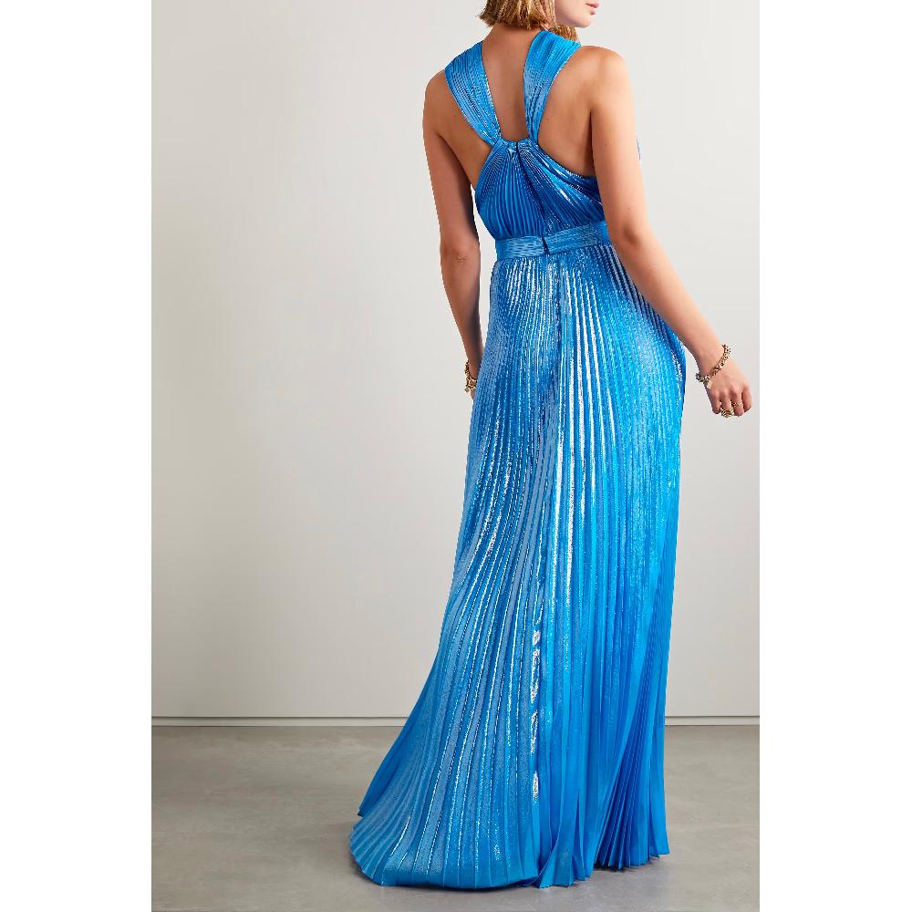 Semsem Sky Blue Metallic Halter Gown