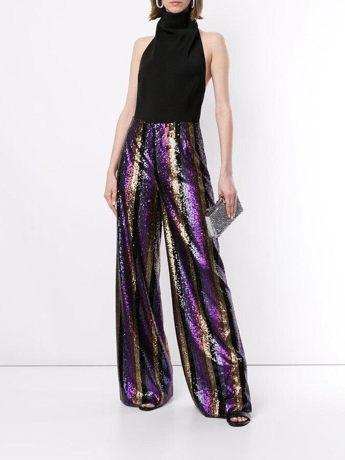 Semsem Stripe Sequin Embroidered Wide Leg Pants