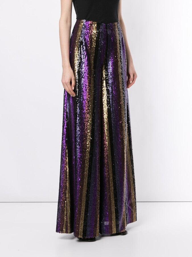 Semsem Stripe Sequin Embroidered Wide Leg Pants