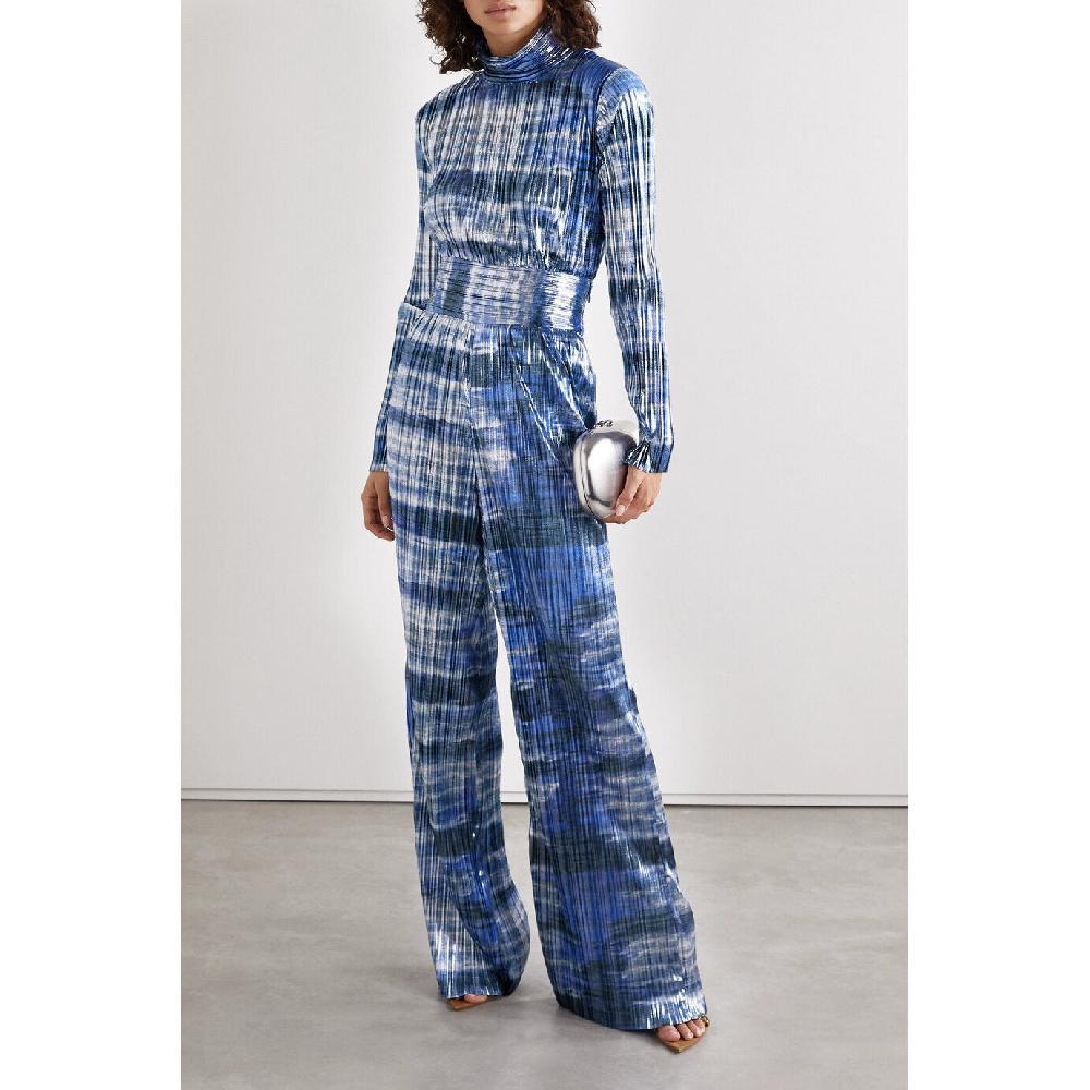 Semsem Tie-Dyed Plissé-Lamé Turtleneck Top