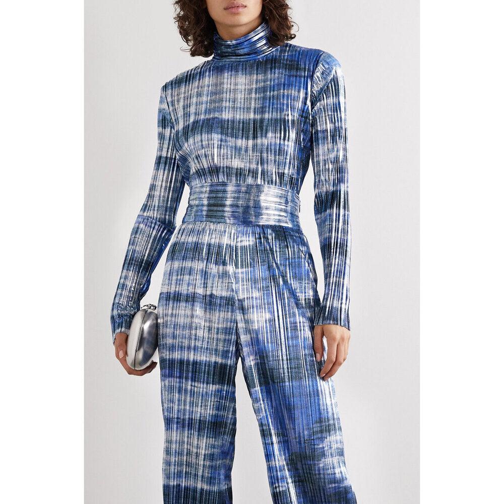 Semsem Tie-Dyed Plissé-Lamé Turtleneck Top