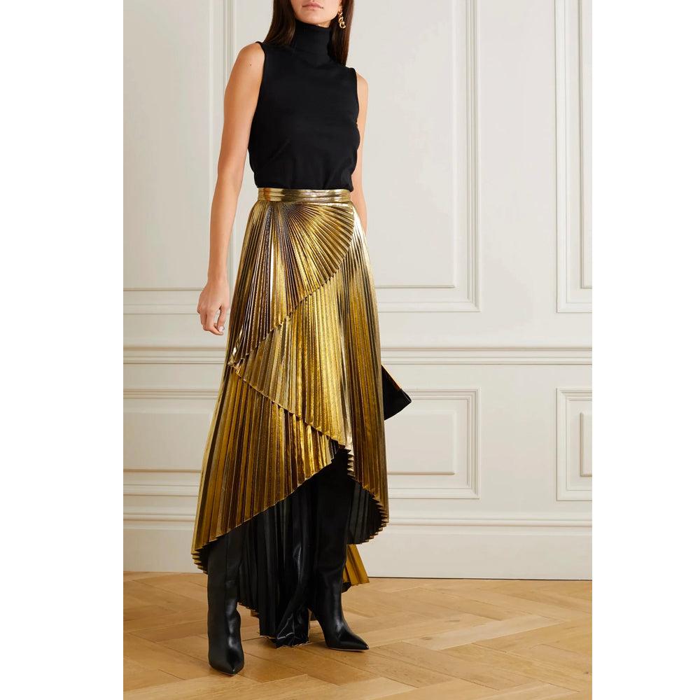 Semsem Wrap-Effect Layered Pleated Lamé Maxi Skirt