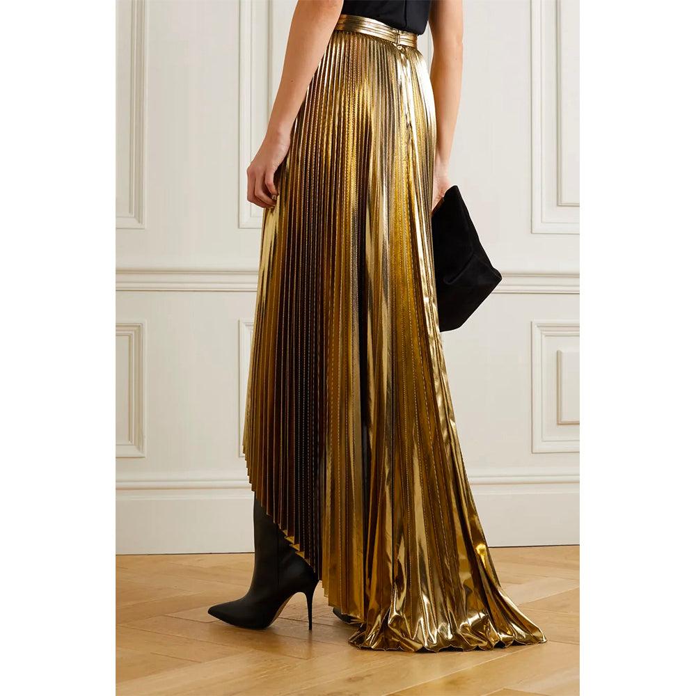Semsem Wrap-Effect Layered Pleated Lamé Maxi Skirt
