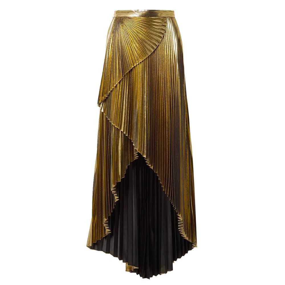 semsem Wrap-Effect Layered Pleated Lamé Maxi Skirt