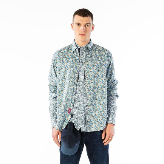 Serge Blanco Chemise Bleu Pacific à Manches Longues En Tissu Fleuri