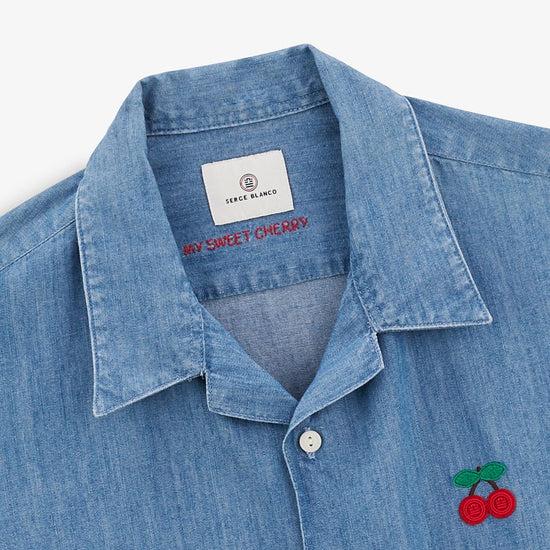 Serge Blanco Chemise Caracas Avec Broderie Cerise Bleu Denim