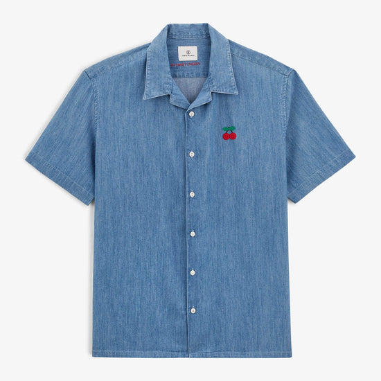 serge blanco Chemise Caracas avec broderie cerise bleu denim