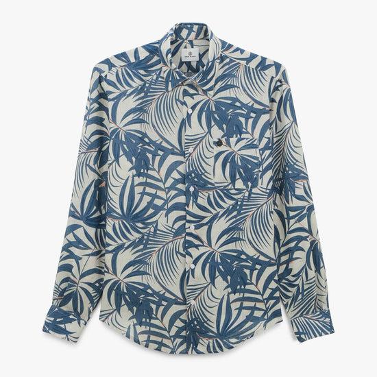 serge blanco Chemise Charles en lin à motifs feuilles bleu denim