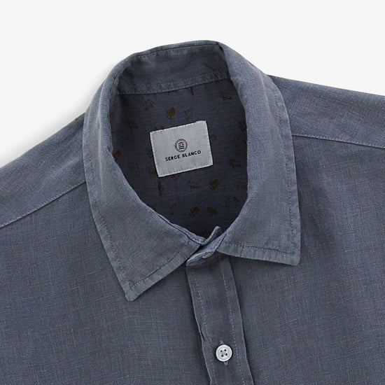 Serge Blanco Chemise Charles Manches Courtes En Lin Bleu Denim