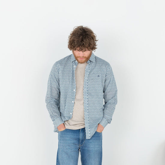 Serge Blanco Chemise Imprimé Géométrique Bleu Aviateur