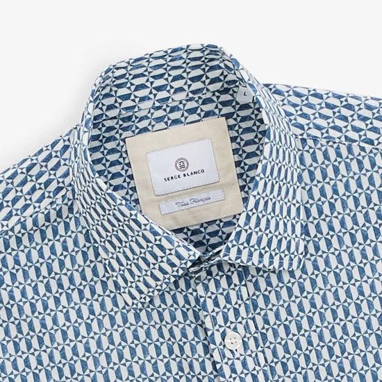 Serge Blanco Chemise Imprimé Géométrique Bleu Aviateur